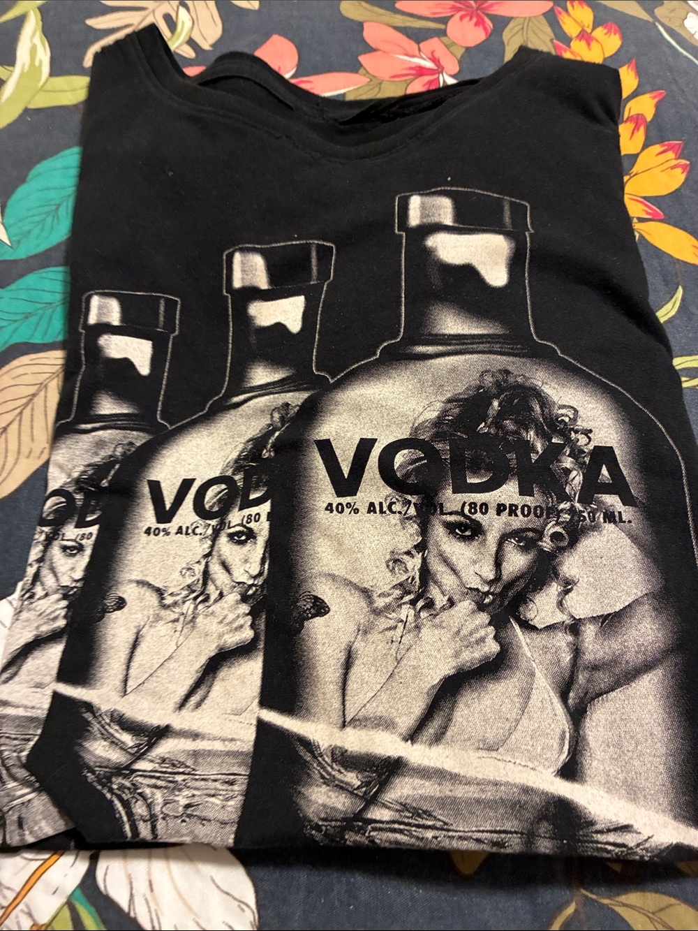 Black Short Sleeve Graphic Tee with Vodka Bottle Print - Men